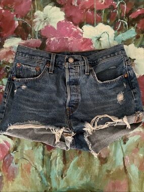Levi's 501 Dark Blue Distressed Denim Cutoff Shorts